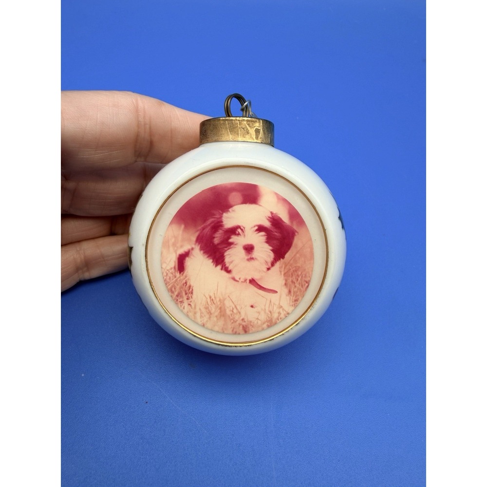 Vintage 1991 Dog Puppy NOEL Glass Christmas Ornament Victorian Holly 2.5"